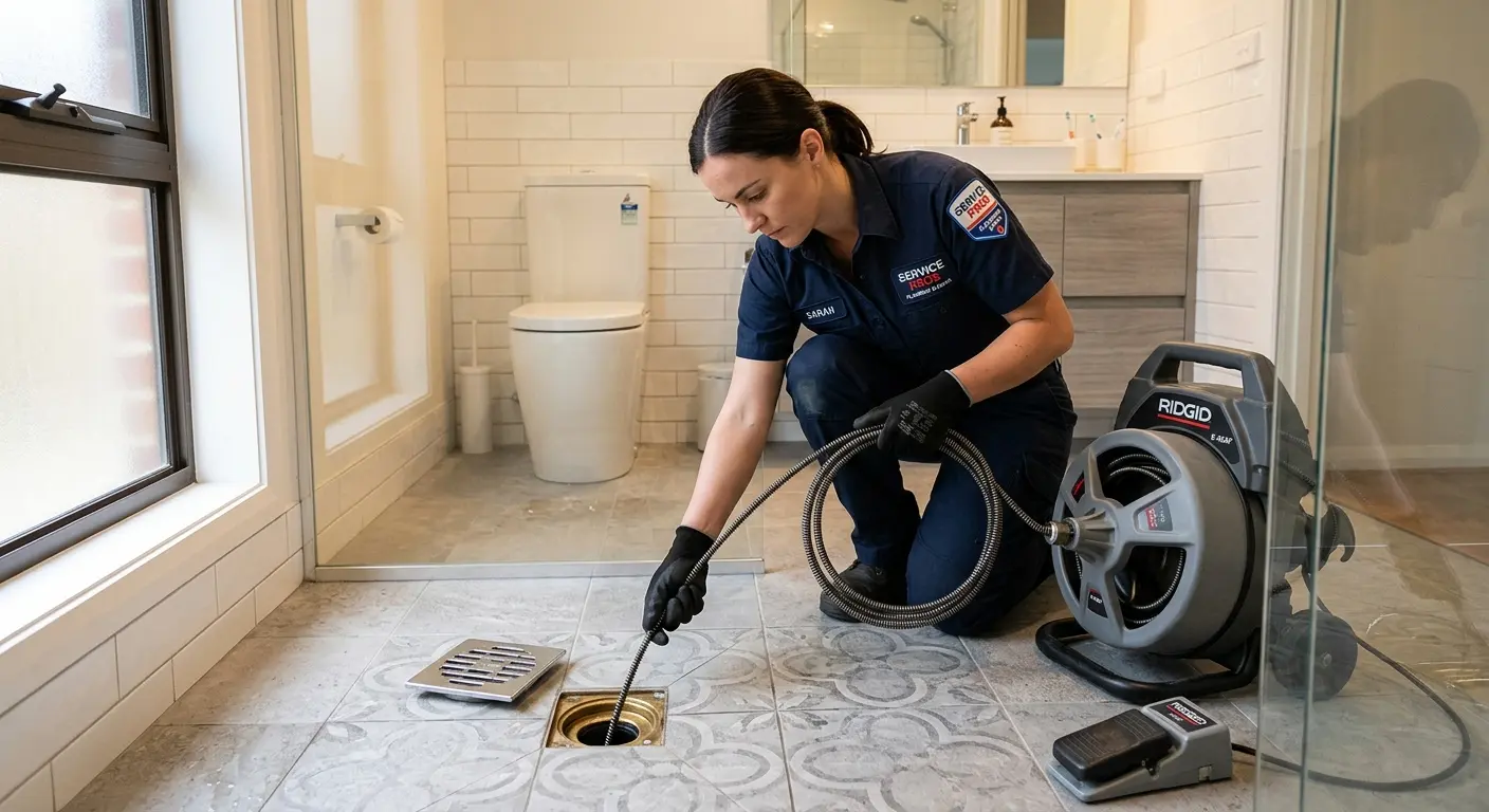 Technician clearing a bathroom floor drain for Clogged Drain Repair in Andover